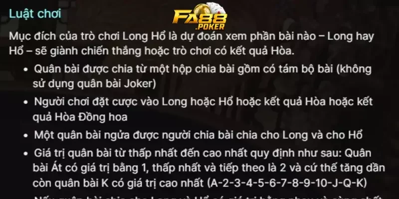 Luật chơi rồng hổ FA88